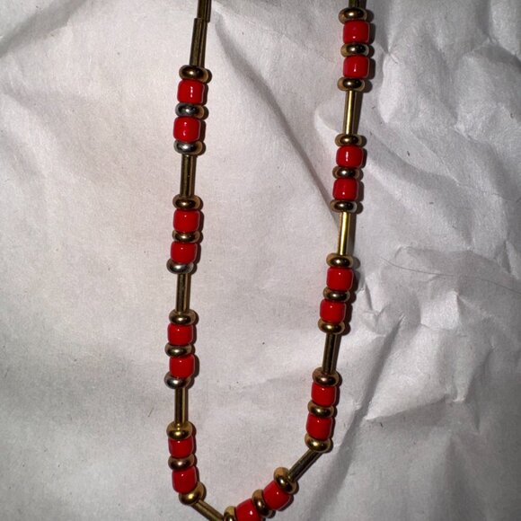 15" Shiny Orange Red and Bold Beaded Necklace - Picture 6 of 11